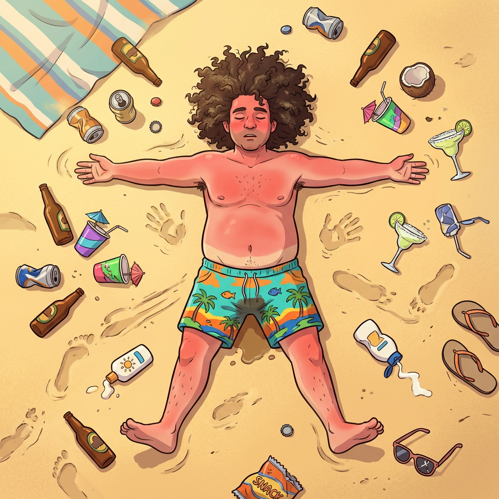 Harold lying spread-eagle on the sand in his tropical swim trunks, sunburned and unconscious, surrounded by empty beer bottles, cocktail glasses, sunscreen and flip-flops — the aftermath of a very eventful Tuesday