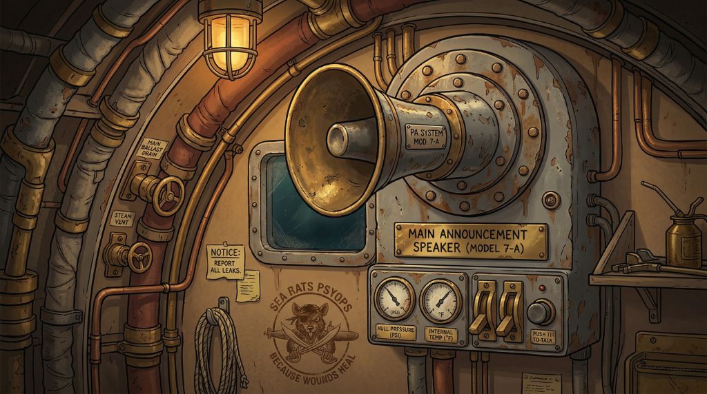 Submarine interior showing a brass PA speaker, gauges reading hull pressure and internal temp, rusty pipes, and a Sea Rats PsyOps notice on the wall